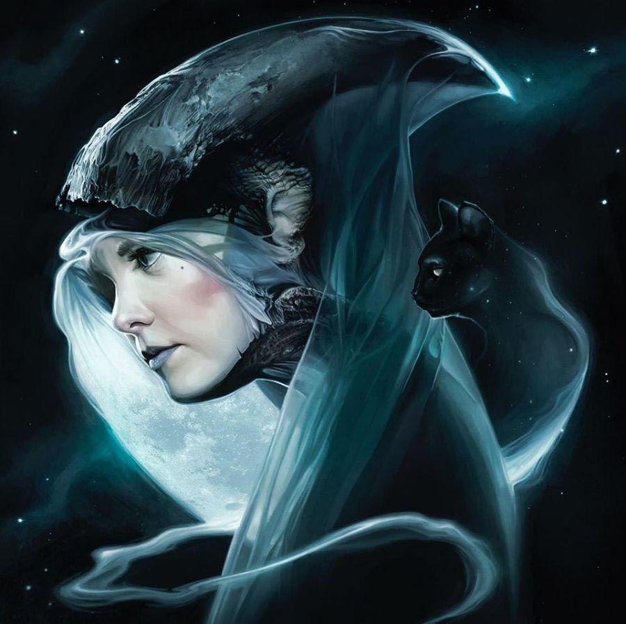 David Seidman - moon witch and black cat - digital painting
